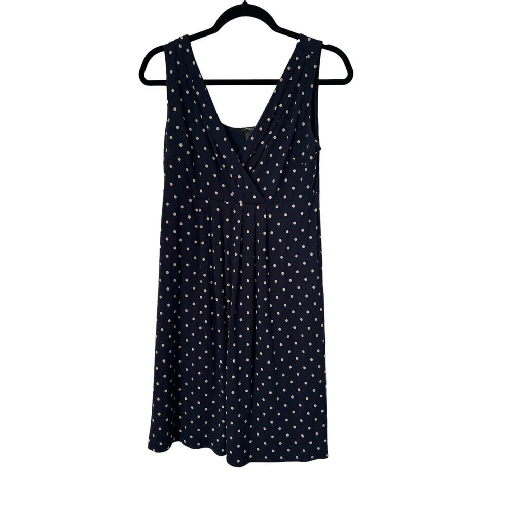 Ann Taylor Dress Size Small Blue Yellow Polka Dot Sleeveless V-Neck Pleated Midi